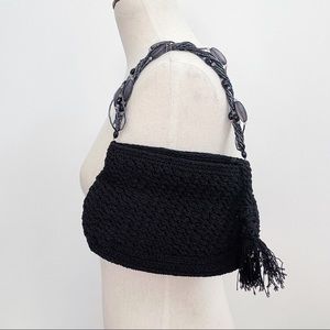 Crochet-Works 80s Vintage Black Crochet Knit Small Hobo Bag NWOT